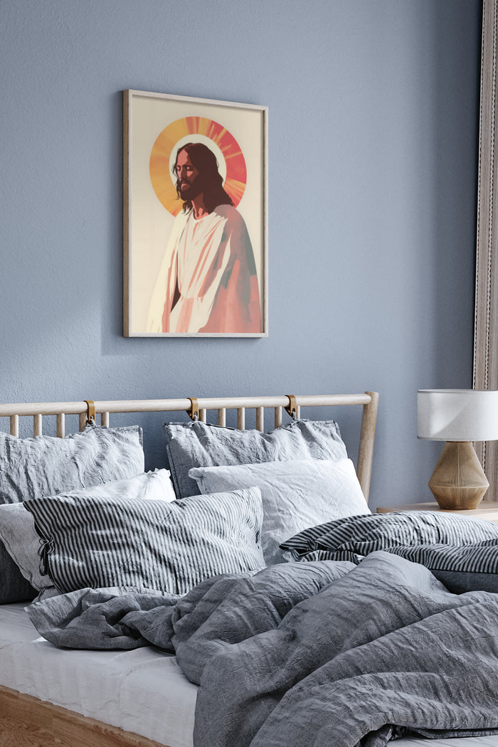 Modern religious artwork depiction of a prominent historical religious figure displayed as a poster in a contemporary bedroom decor