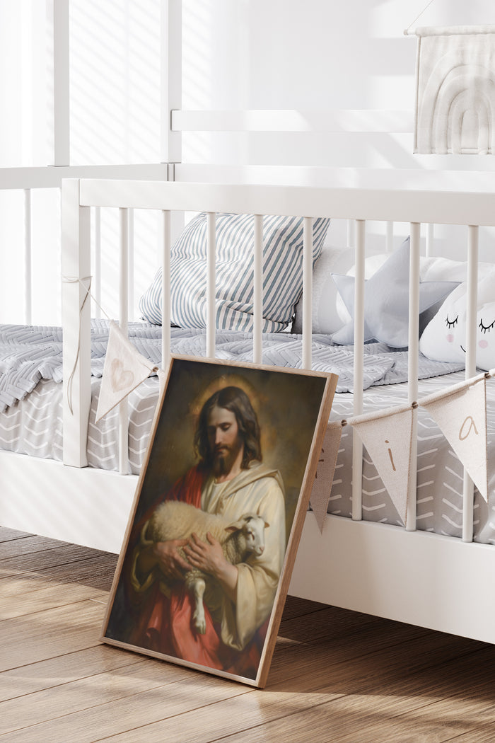 Religious artwork of Jesus holding a lamb displayed as a poster in a modern bedroom decor