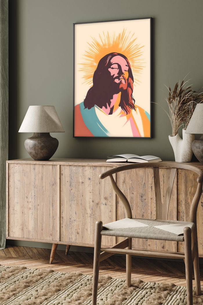 Modern religious figurative artwork of a figure with a halo in a contemporary room setting