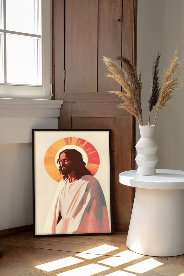 Framed poster of a religious figure with sun halo in a modern home interior setting