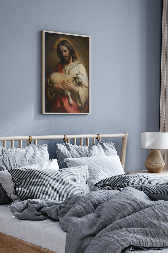 Classic religious painting poster of a figure holding a lamb in a modern bedroom setting