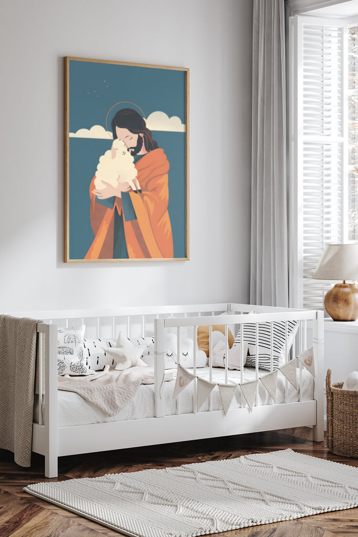 Religious Figure Embracing Lamb Illustration Poster in Modern Bedroom Setting