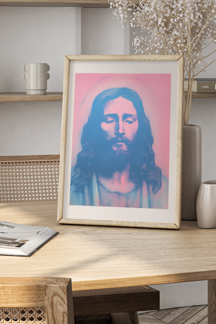 Modern stylized portrait artwork poster of a religious figure displayed in home interior