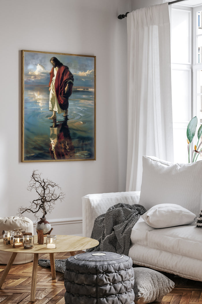 Religious art poster depicting a figure walking on water displayed in a modern living room setting