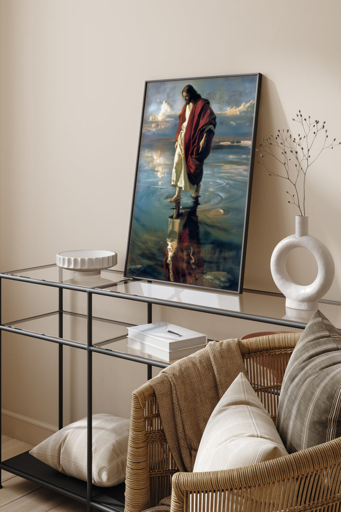 Religious Figure Walking on Water Painting in a Contemporary Living Room