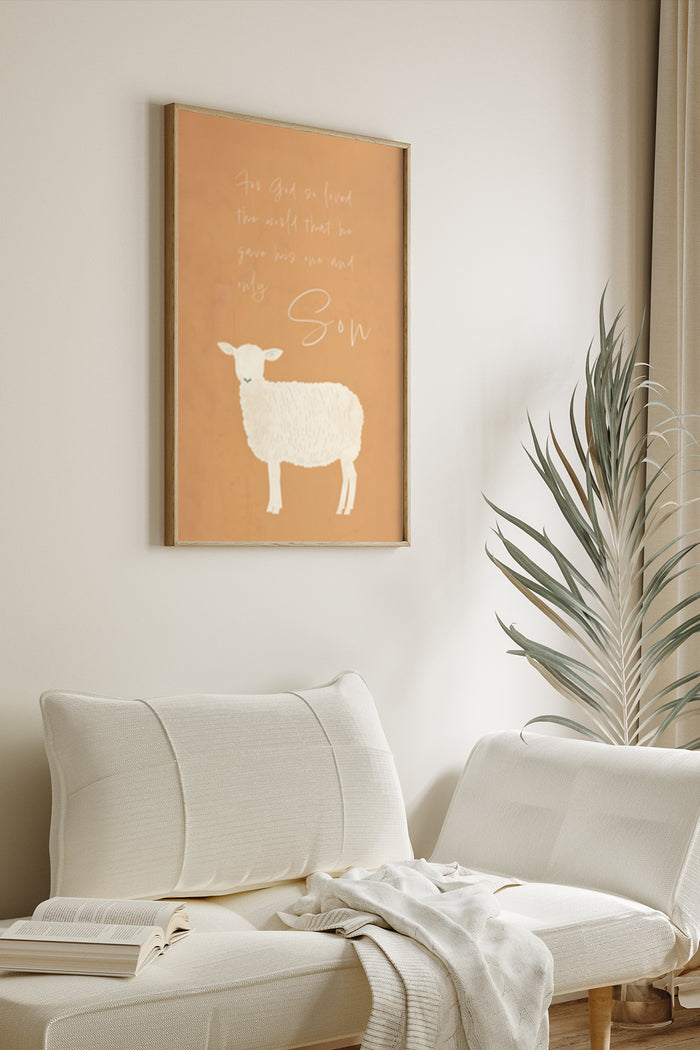 Inspirational religious poster with quote and sheep illustration in a cozy living room setting