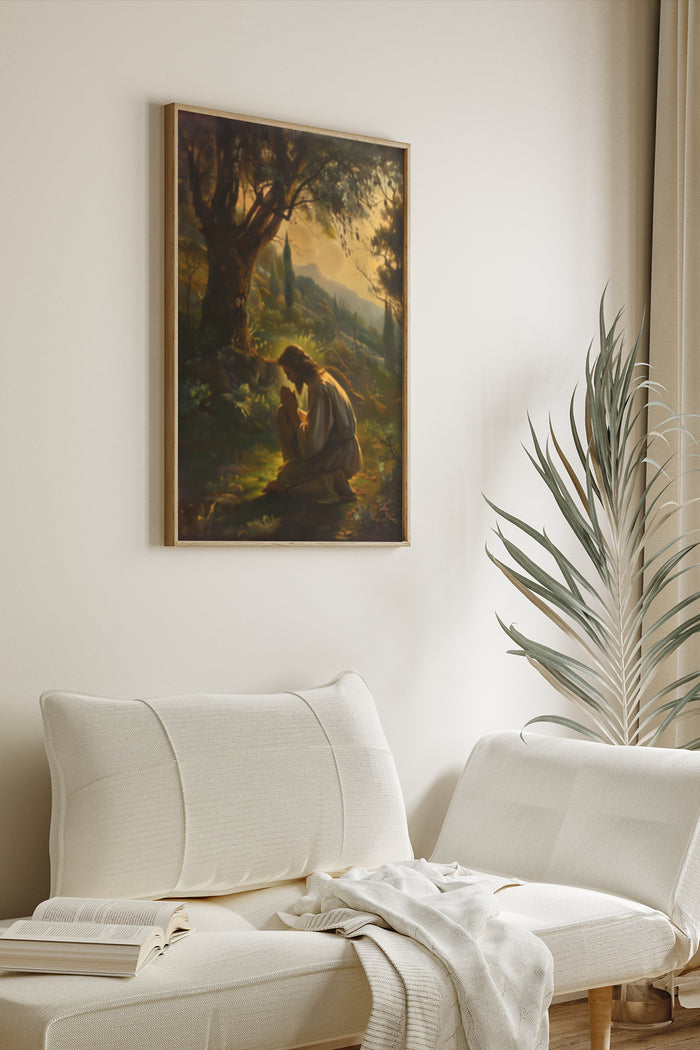 Religious inspirational painting of figure praying in a serene natural landscape, elegantly framed and hung on a modern home interior wall