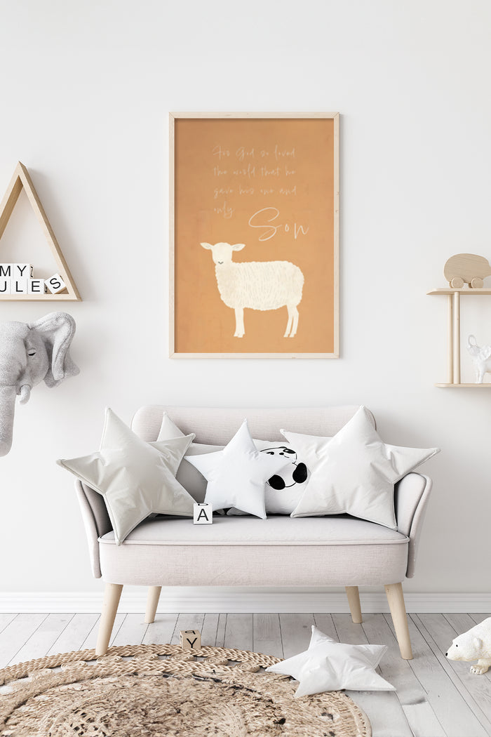 Religious nursery poster with lamb illustration and 'For God so loved the world that He gave His one and only Son' quote in a modern children's room