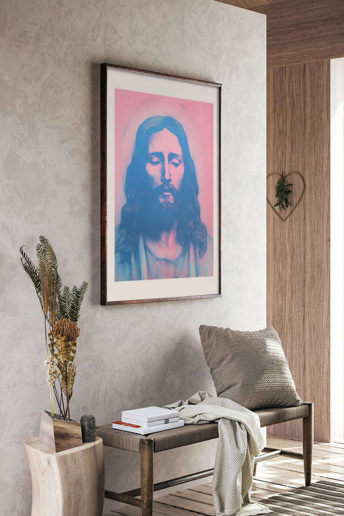 Contemporary religious art poster depicting Jesus displayed in a modern home setting