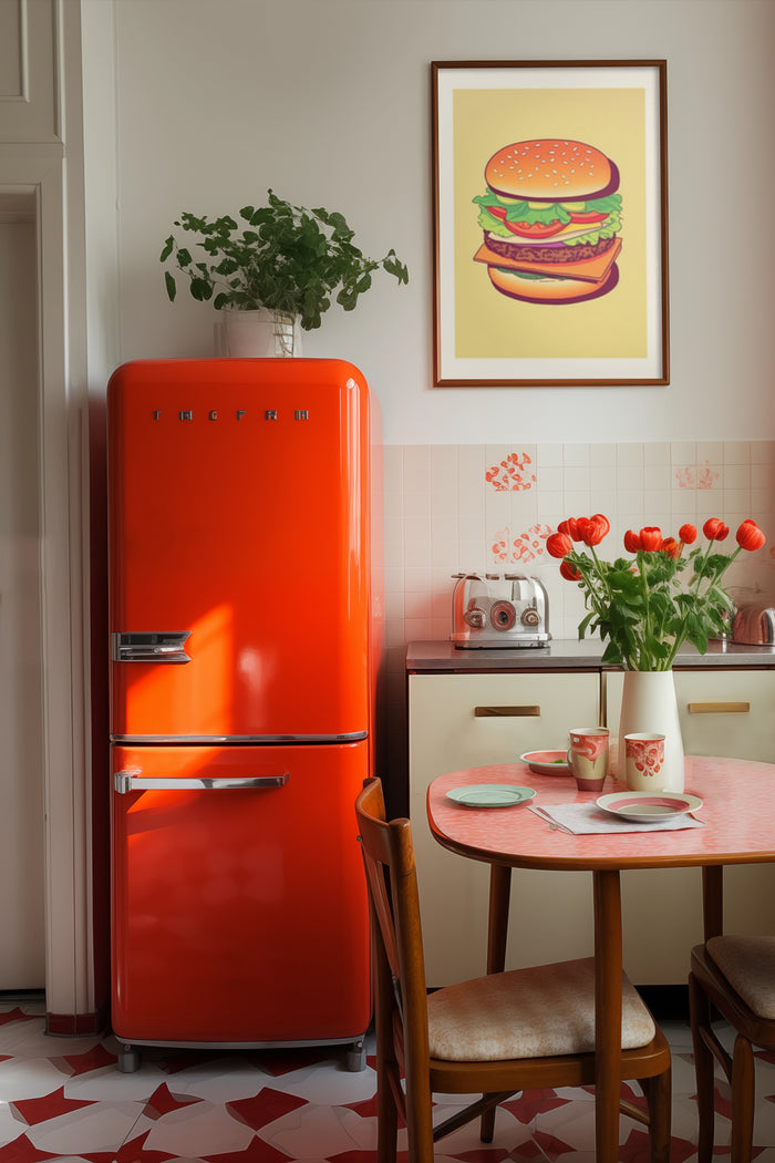 Vintage-inspired kitchen with red retro refrigerator and framed hamburger poster on the wall