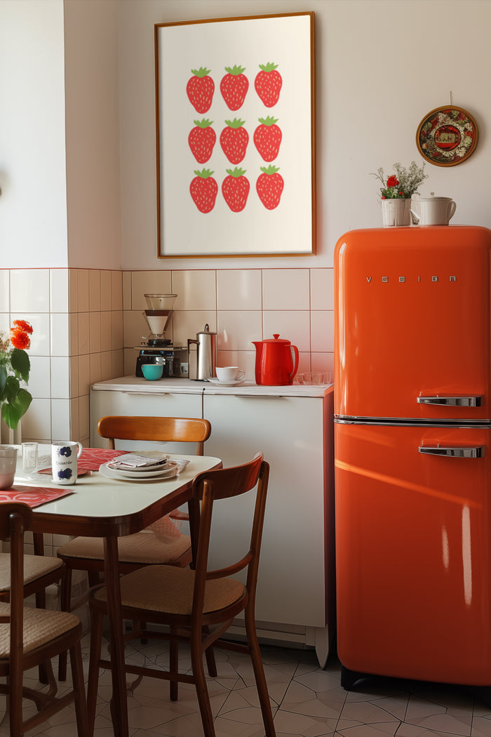 Vintage kitchen interior with stylish orange retro refrigerator and framed strawberry poster on the wall
