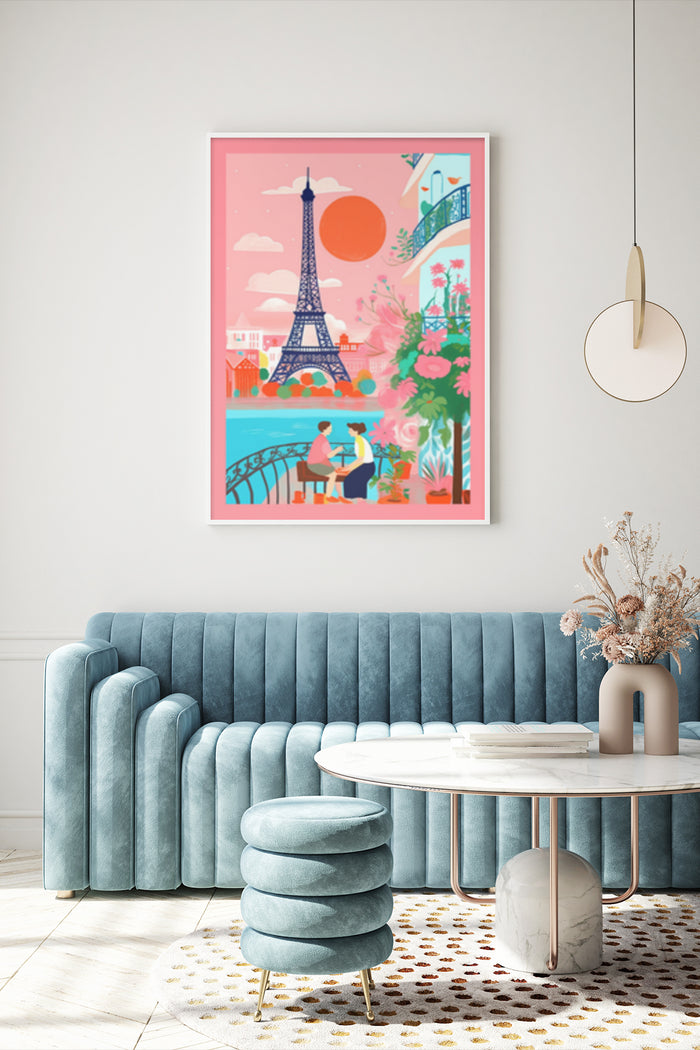 Stylish retro poster of Paris with Eiffel Tower and couple sitting by the Seine river in a contemporary living room