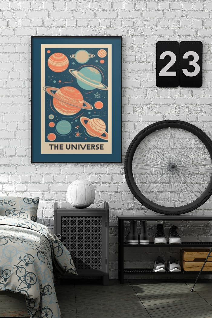 Retro style space-themed poster depicting various colorful planets and 'The Universe' text in a bedroom setting