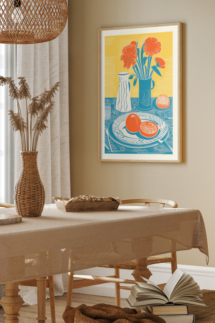 Retro style still life art poster featuring pitcher, orange flowers in a vase, and citrus fruits on a table