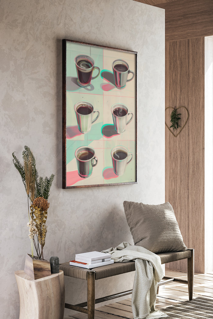 Retro coffee cup artwork poster hanging in a contemporary styled room with cozy bench and decor