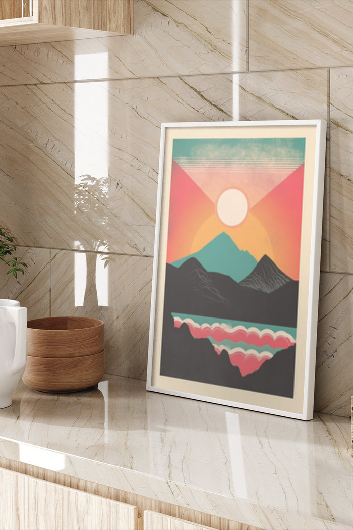 Retro style poster featuring a sunrise over mountain landscape with geometric shapes and vibrant colors