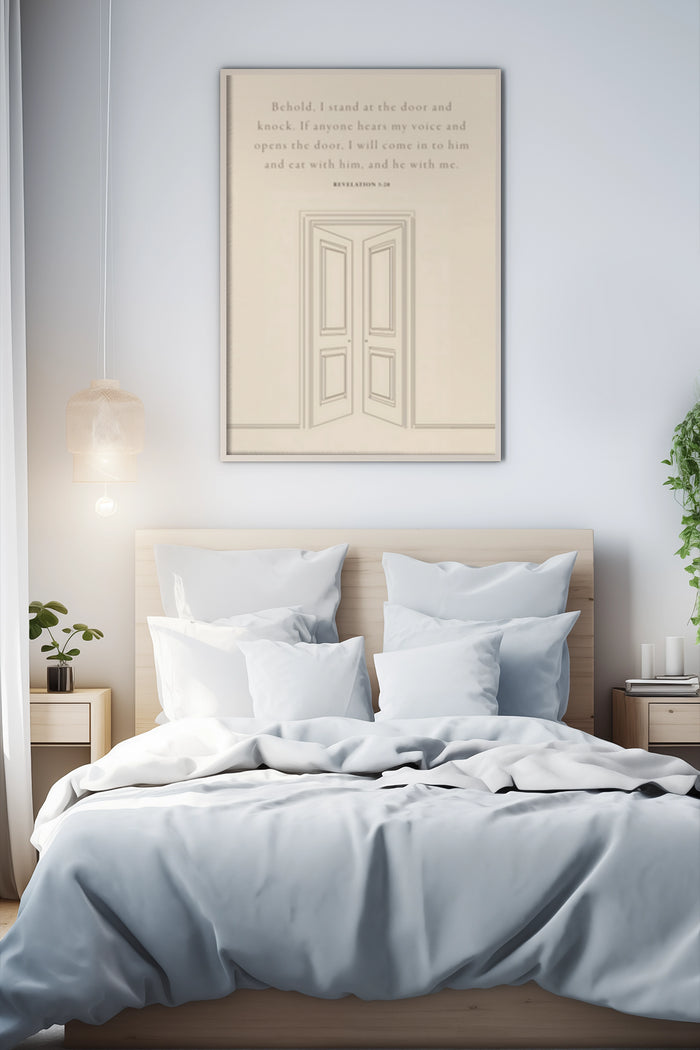 Inspirational Revelation 3:20 scripture art poster hanging above a bed, with a modern bedroom interior