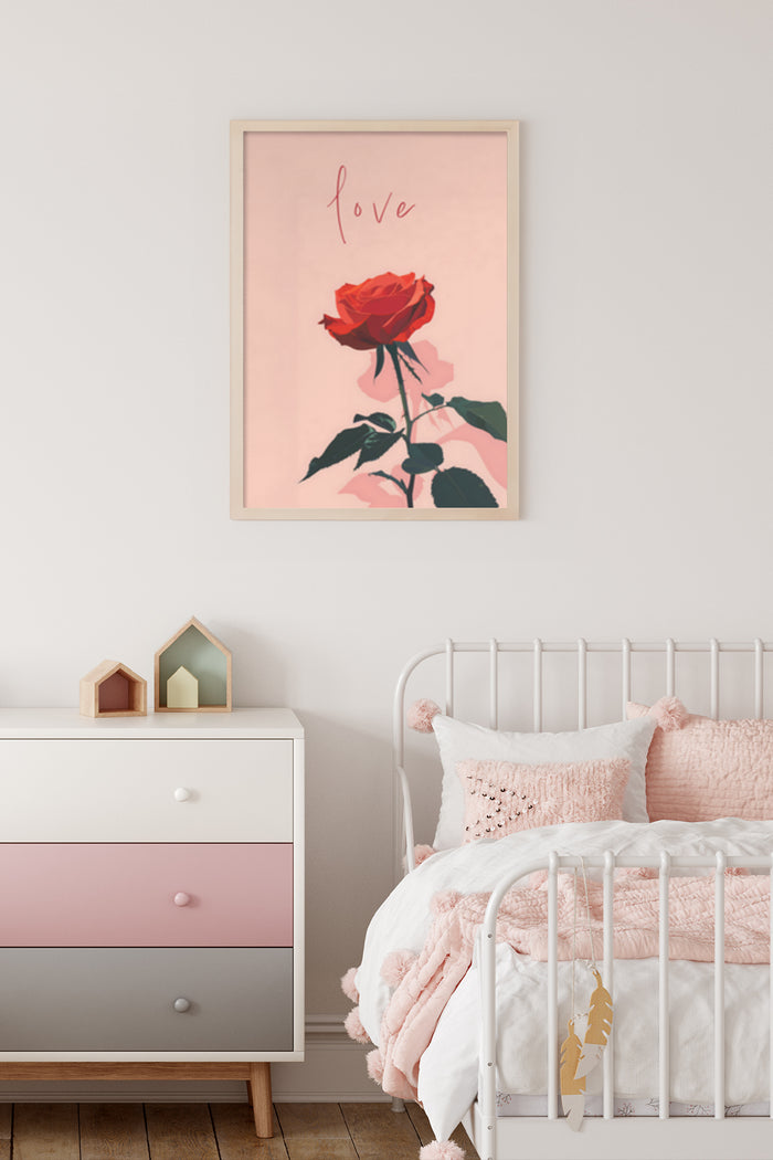 Romantic red rose with 'love' inscription poster in a cozy bedroom setting
