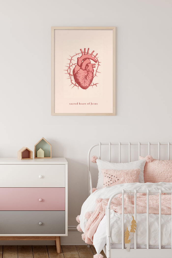 Sacred Heart of Jesus artistic poster in a cozy bedroom setting