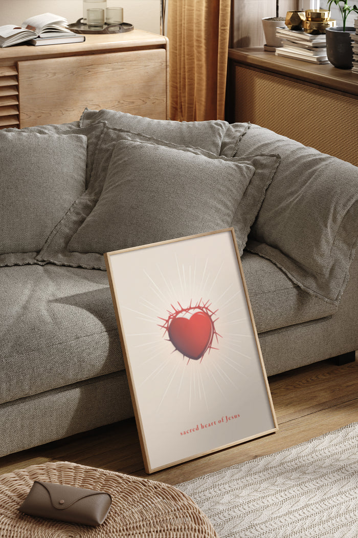 Sacred Heart of Jesus poster with radiant heart illustration in a cozy living room setting