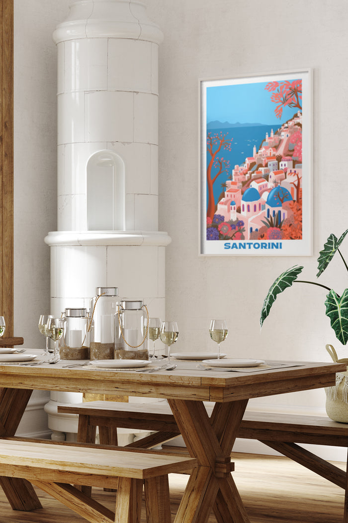 Colorful illustrated travel poster of Santorini, displaying the iconic architecture and vibrant landscape