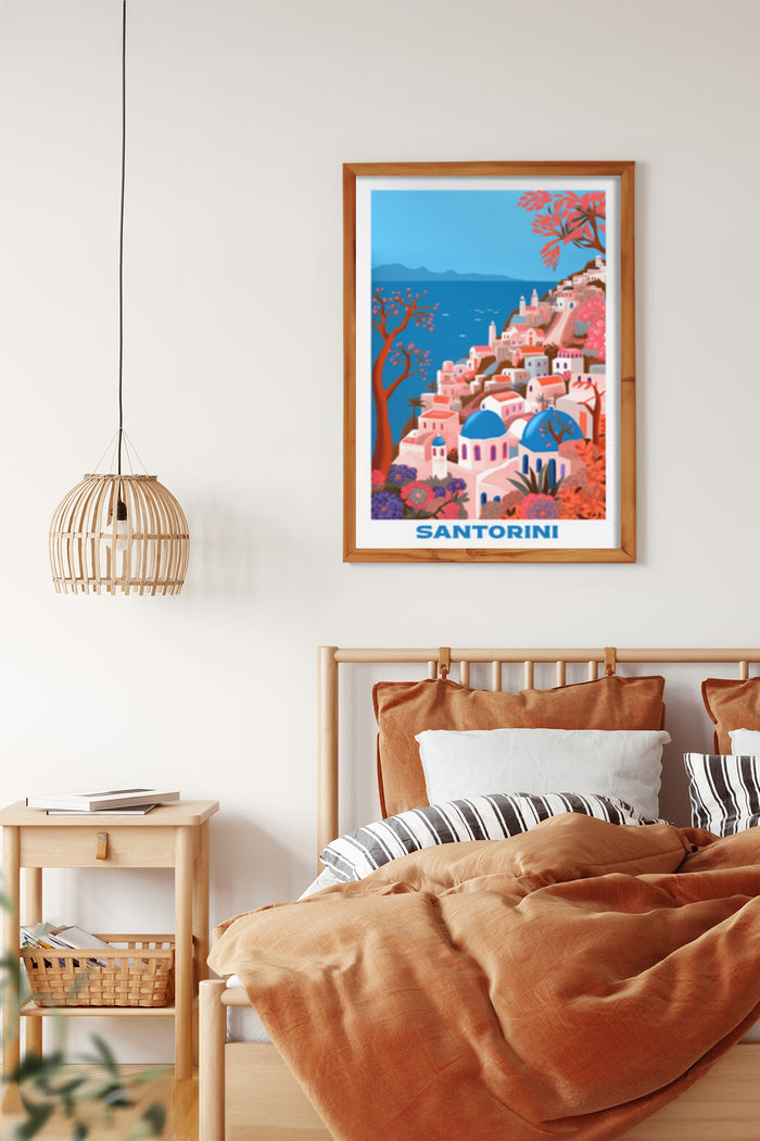 Santorini travel poster featuring blue-domed churches and traditional houses hanging in a bedroom