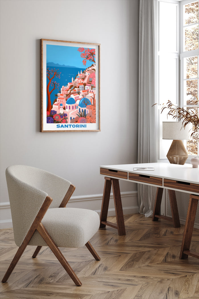 Santorini travel poster depicting colorful Greek village on sunny day, mounted in a home office