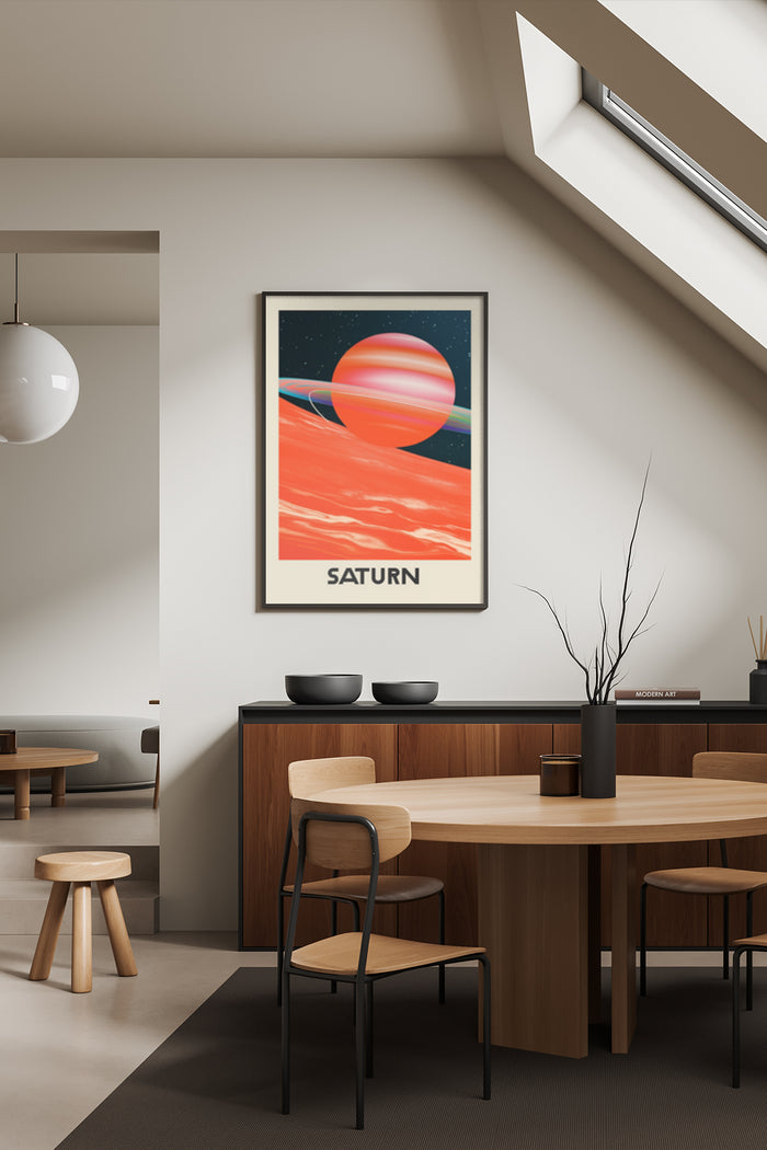 Saturn travel poster art in a contemporary dining room setting