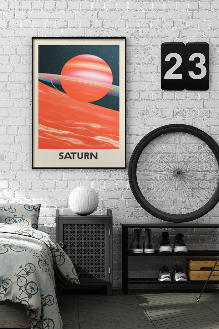 Retro Saturn planet poster in a stylish bedroom setting