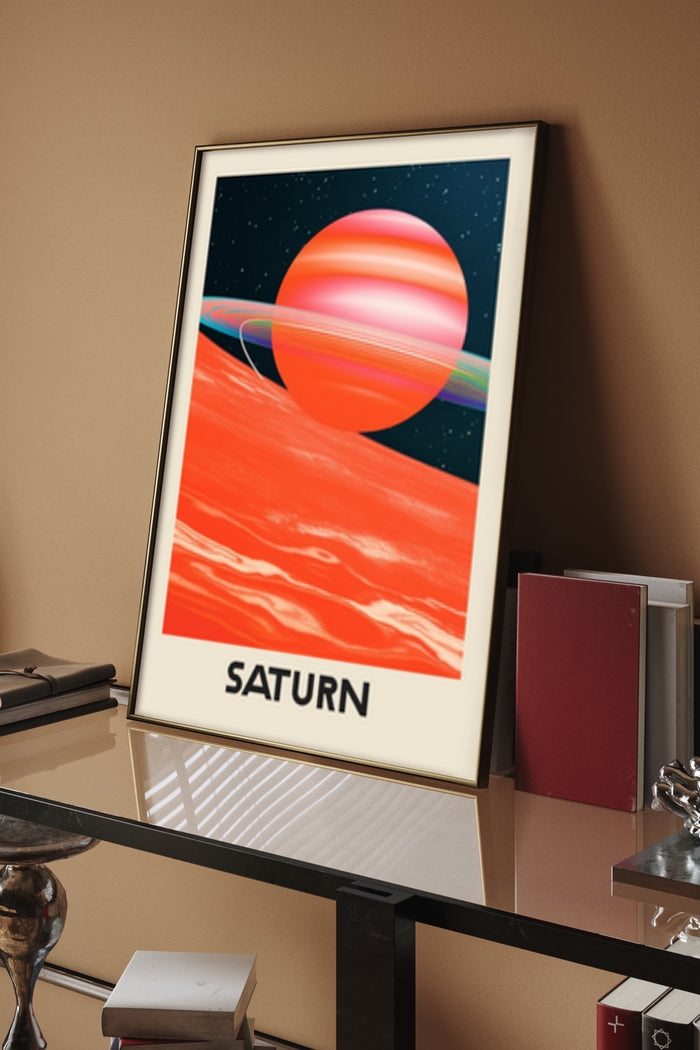 Vintage Saturn planet poster with retro space artwork design in frame