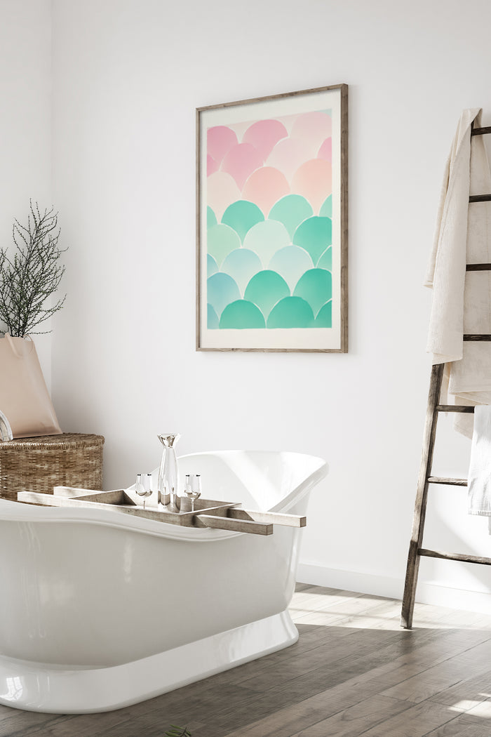 Contemporary-styled bathroom with scallop-patterned artwork on wall