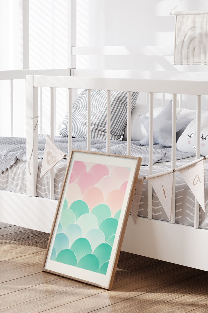 Pastel scallop pattern poster leaning against white crib in nursery room interior