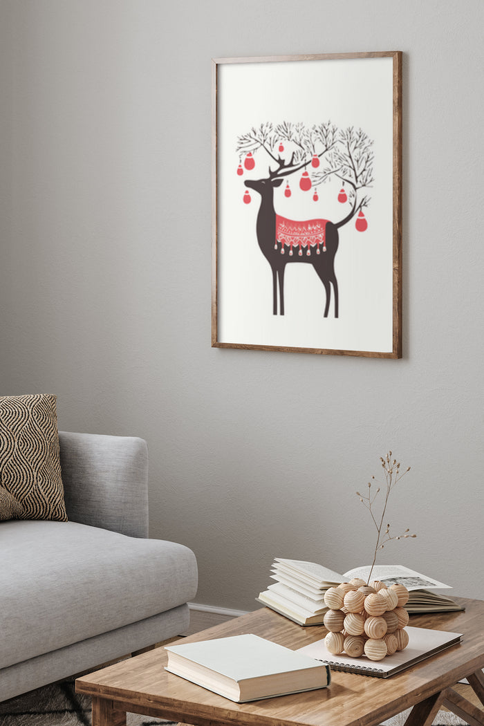 Contemporary Scandinavian style artwork with a graphic deer and hanging red berries on a wall above a modern sofa