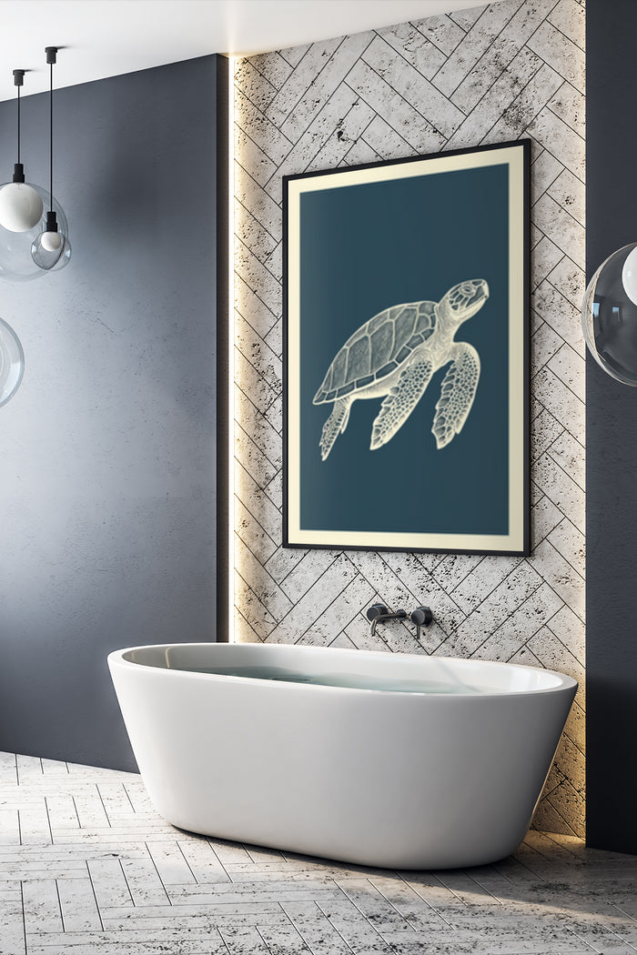 Stylish sea turtle poster in a contemporary bathroom interior