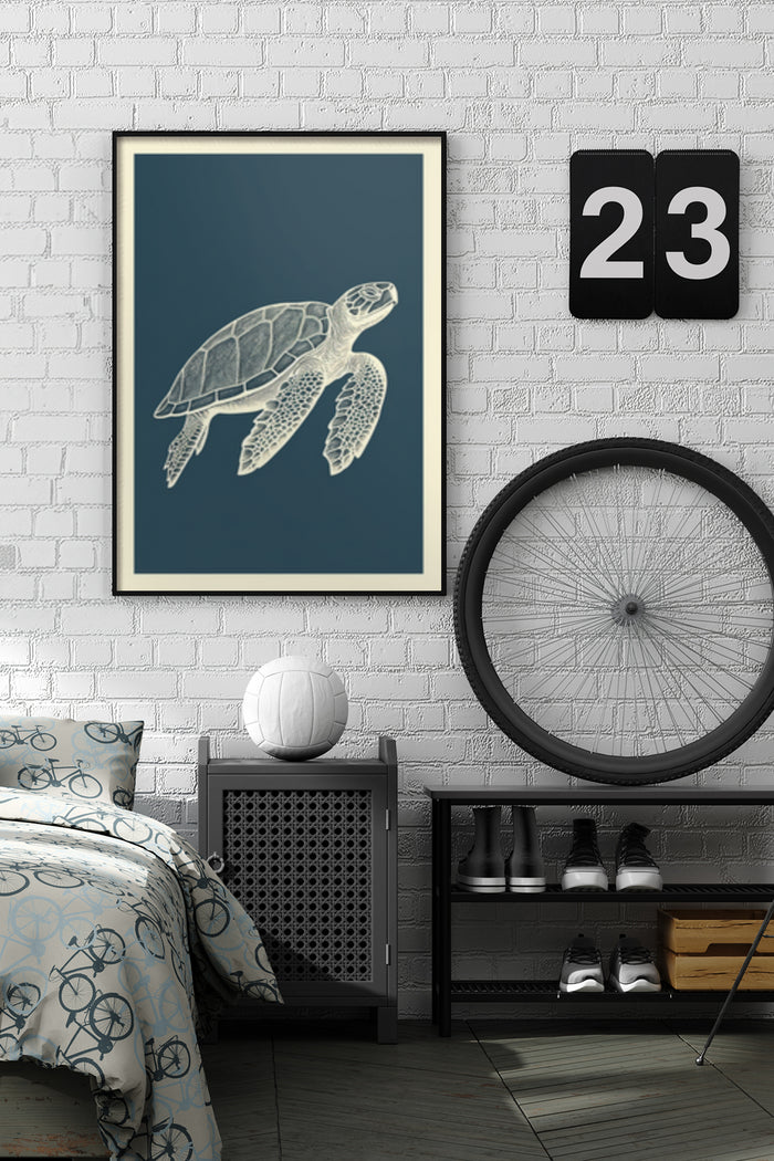 Modern bedroom interior with stylish sea turtle poster art
