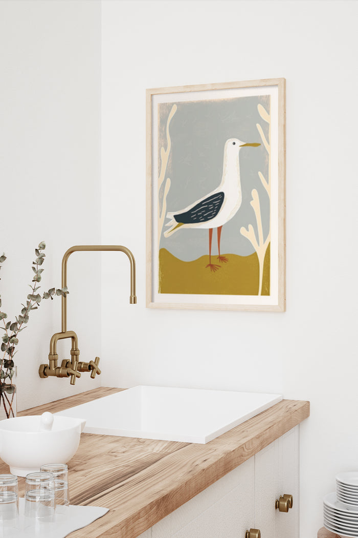 Seaside Bird Illustration Art Poster displayed in a modern kitchen