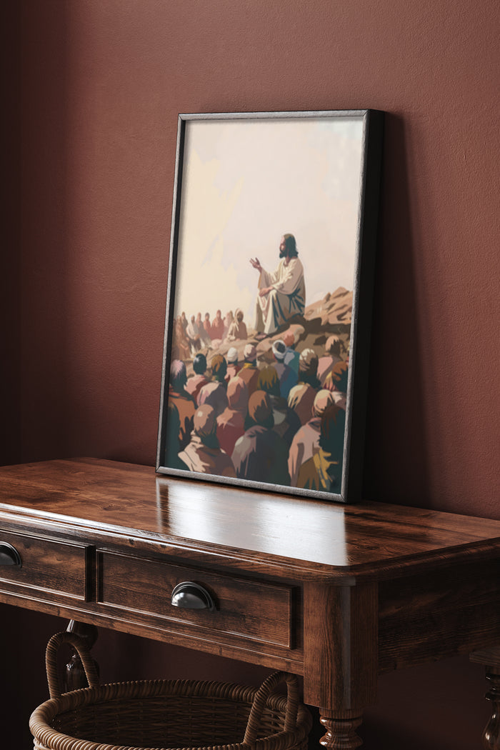 Illustrated artwork poster of Sermon on the Mount displayed on wooden sideboard
