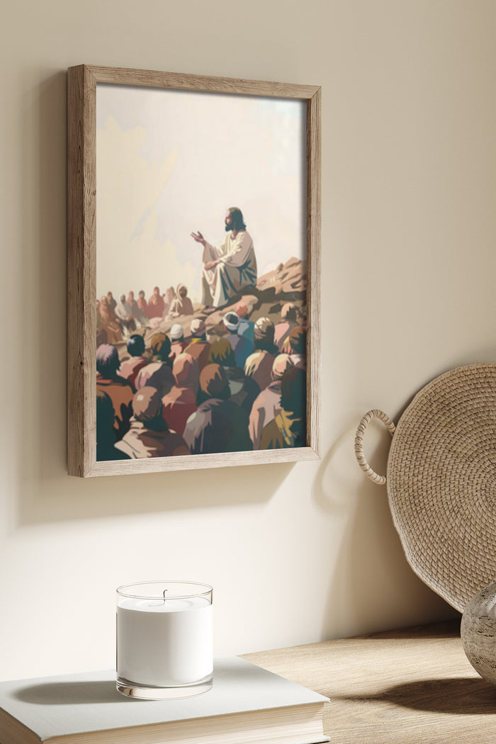 Framed religious painting of the Sermon on the Mount displayed in a home setting