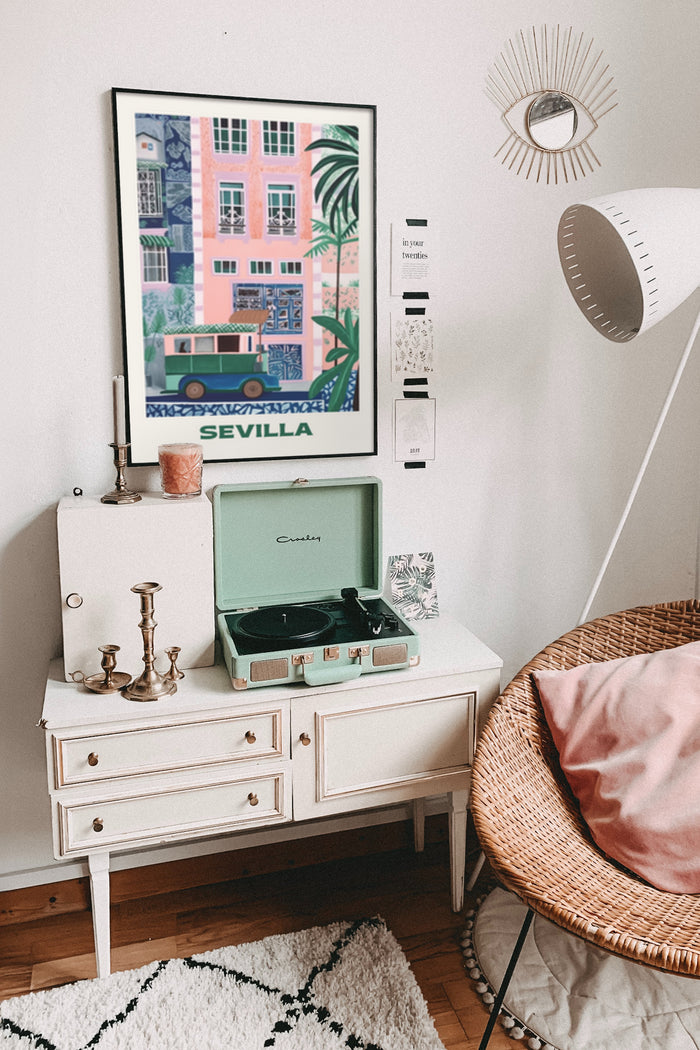Vintage Sevilla travel poster in a stylish interior with record player and bohemian decor
