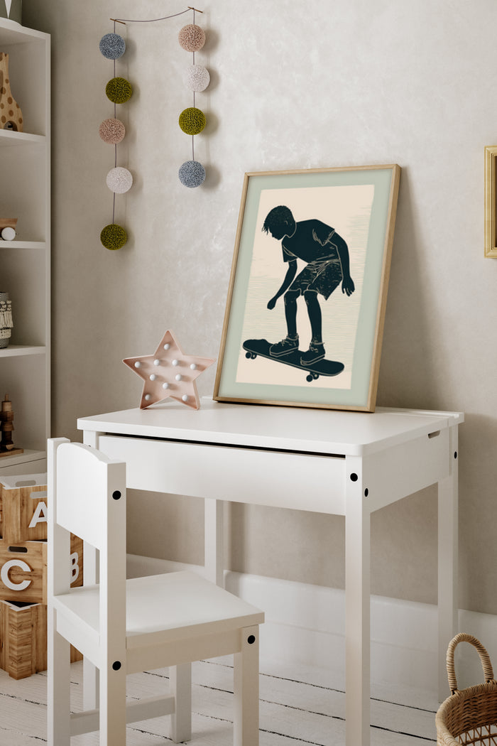 Silhouette of a skateboarding boy artwork in a children's room poster display