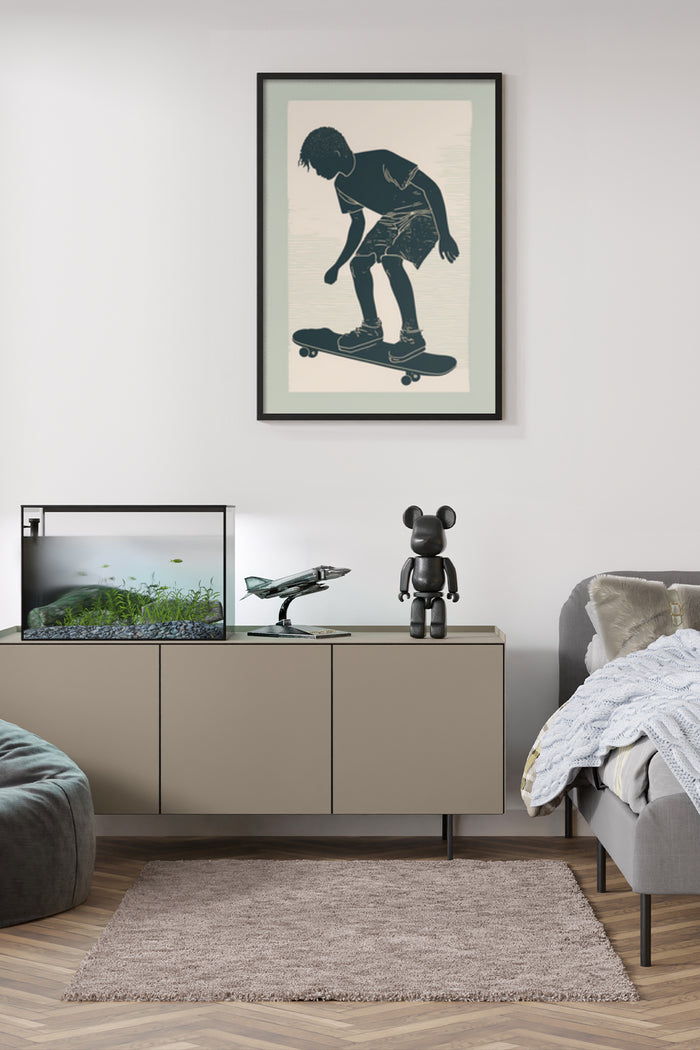 Contemporary skater silhouette art poster in a stylish home interior