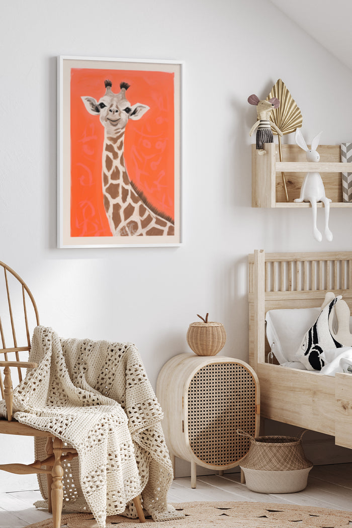 Contemporary wall art featuring a smiling giraffe on a vibrant red background in a stylishly decorated room