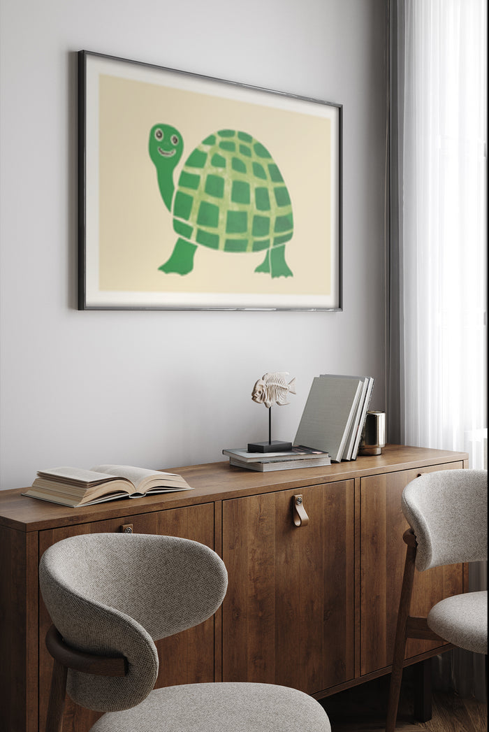 Minimalist Smiling Turtle Poster Art in Stylish Office Decor