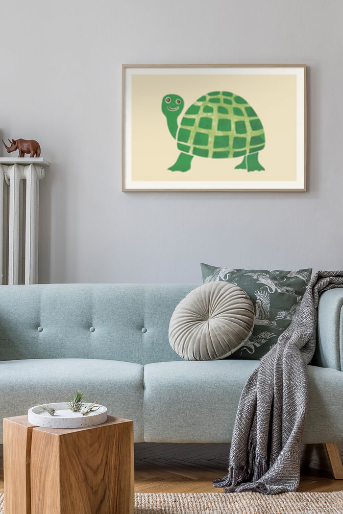 Cartoon smiling turtle framed poster in modern living room decor