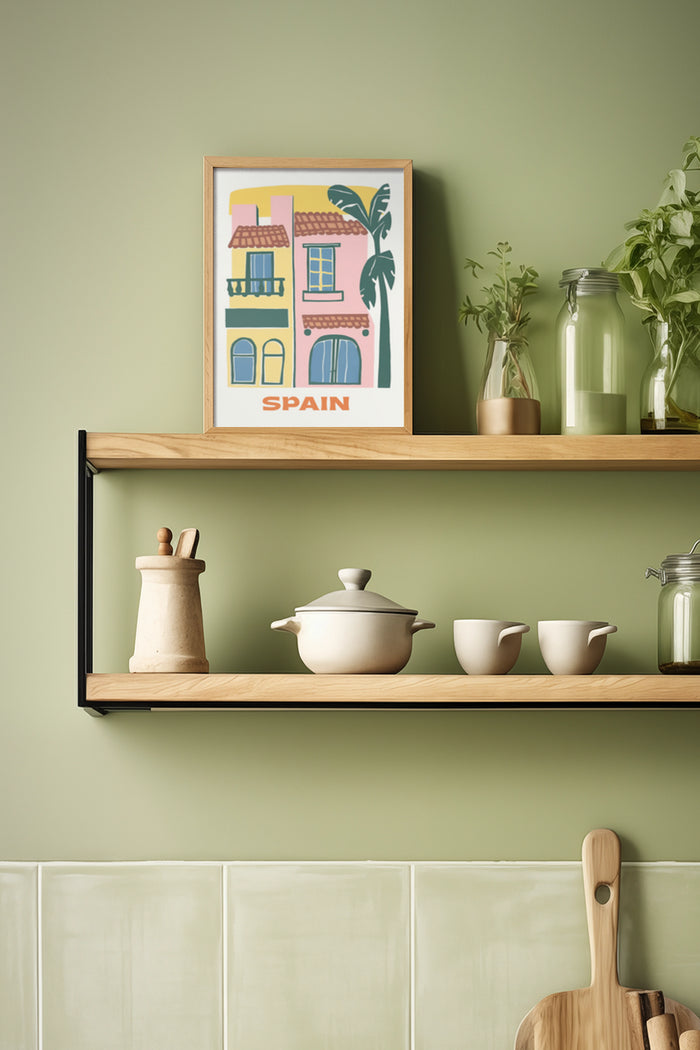 Spain travel poster with colorful illustration of Spanish buildings displayed on a shelf in a stylish kitchen