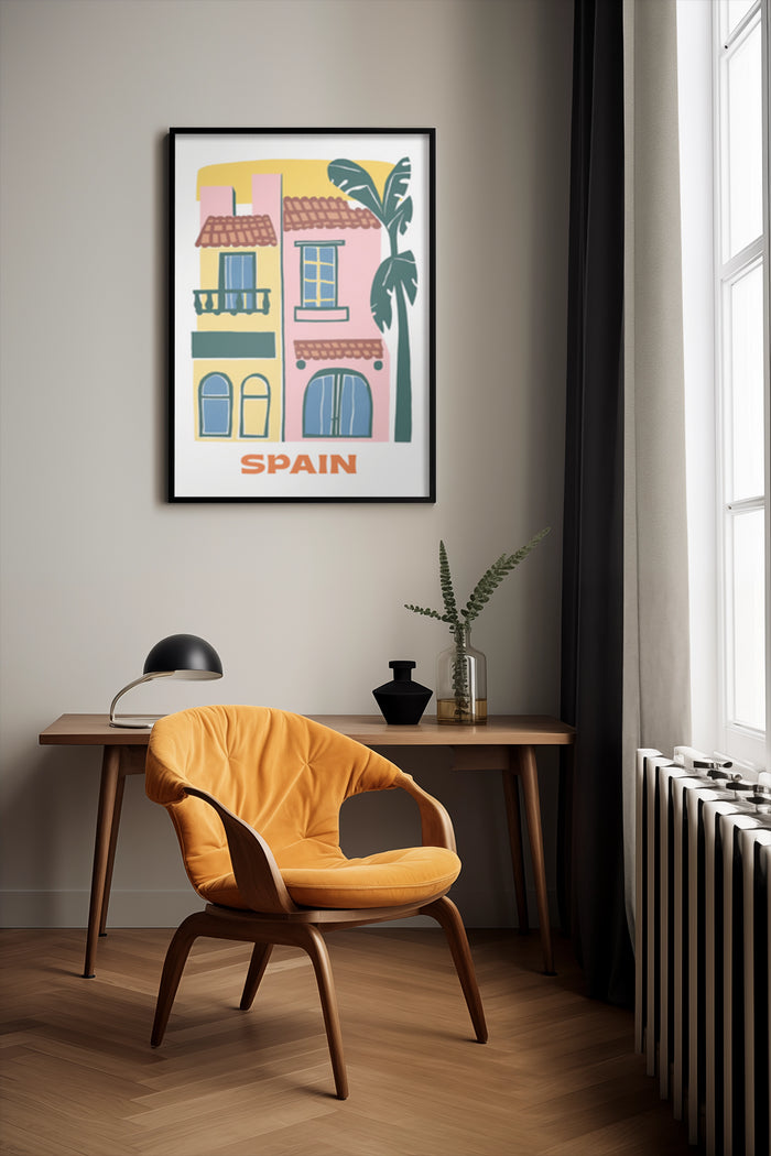 Spain Travel Poster with Colorful Illustration of Buildings and Palm Tree in Stylish Room Interior