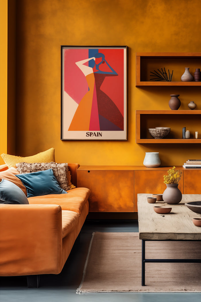 Modern Spain travel poster in stylish living room interior with orange couch