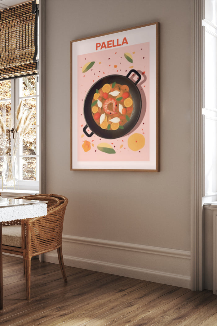 Colorful Spanish paella poster advertisement in a stylish dining room scene