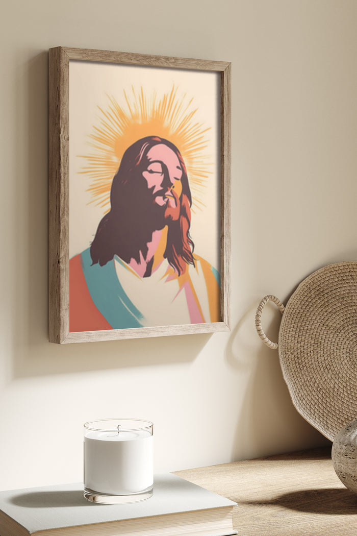 Colorful spiritual figure artwork with radiant halo in a wooden frame