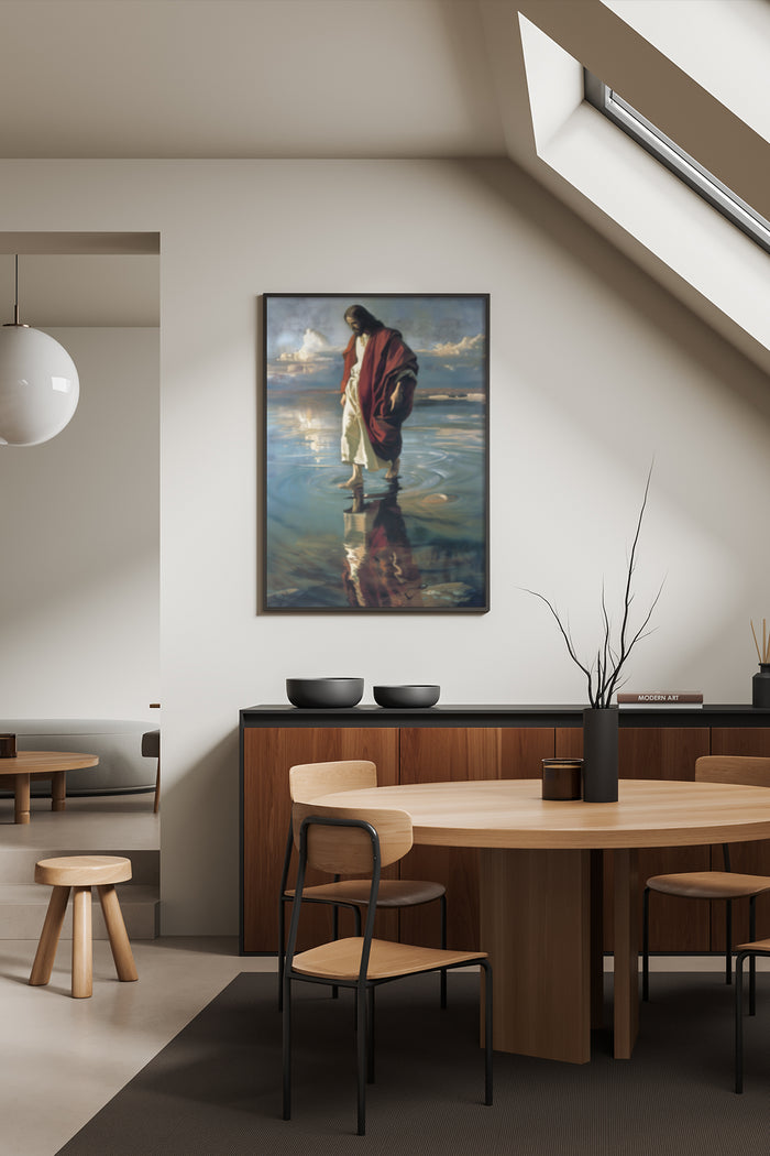 Inspirational oil painting of a spiritual figure walking on water displayed in a contemporary dining room setting